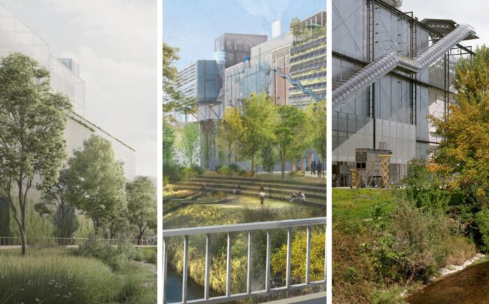 Dreiteiliges Bild mit drei Visualisierungen der unterschiedlichen Vorstellungen der Teams aus der Testplanung zur zukünftigen Fassade der Gebäude.